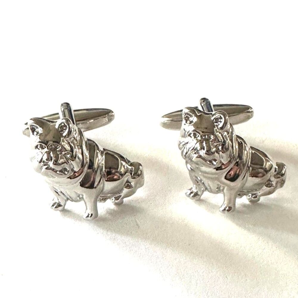 Polished Silver Tone Sitting Bulldog Full Body Cufflinks